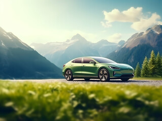 Fototapeta premium charging EV car electric vehicle clean energy for driving future, eco-friendly alternative energy concept, futuristic hybrid vehicle charge battery electric on station, ai generated photo