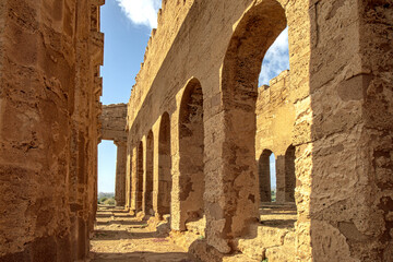 Ancient Greek Temple of Concordia in the Valley of the Temples of Agrigento, seen from inside in architectural details. Sicily, Italy.