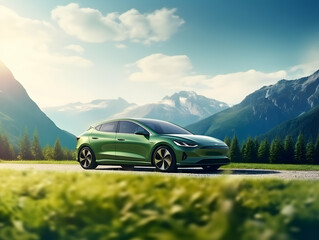 Fototapeta premium charging EV car electric vehicle clean energy for driving future, eco-friendly alternative energy concept, futuristic hybrid vehicle charge battery electric on station, ai generated photo