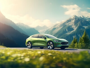 charging EV car electric vehicle clean energy for driving future, eco-friendly alternative energy concept, futuristic hybrid vehicle charge battery electric on station, ai generated photo