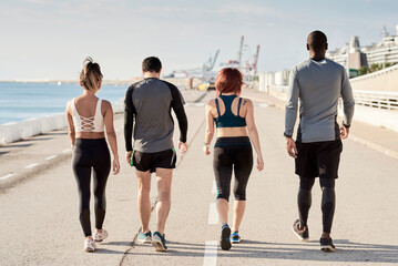Group of sportspeople walking, rear view
