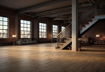 Interior design of an empty office with stairs and sofa on a wooden floor near big windows.