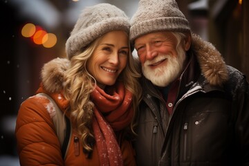 Fototapeta premium Smiling Senior Couple Enjoying Tranquil Urban Landscape: Joyful Elderly Pair Admiring City View, Happiness Amidst Cityscape, Senior Leisure in Urban Setting, Relaxing Elderly Couple with City Backgrou