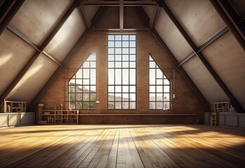 Empty big hall room of upper portion with big 3 windows and wooden floor. Modern home interior design of a modern living room.