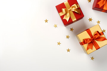 Decorative red gift boxes with bow on white background. Top view. Generated AI