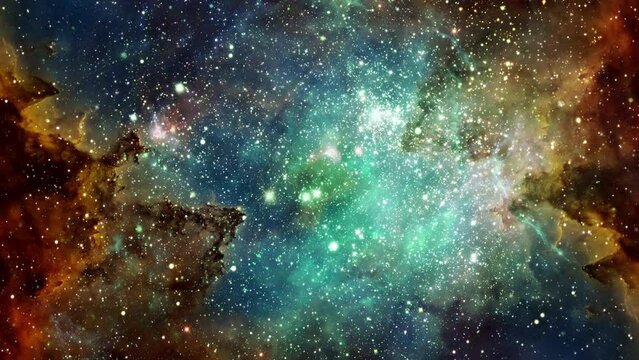 Space animation of flying through nebula. Colorful space as countless stars glide through the cosmic expanse, capturing the essence of space travel and the vast wonders of the universe.