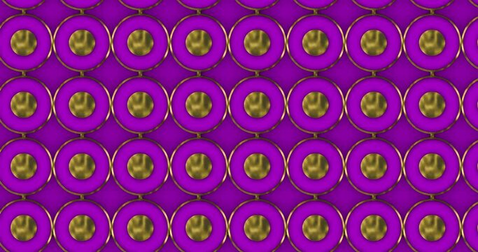 Abstract luxury golden circular pattern grid moving from left to right over pink color background. Seamless loop pattern animation.