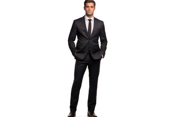 This image features a handsome businessman in a suit, standing confidently and looking ahead, with a white background enhancing his presence.