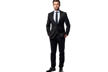This image features a handsome businessman in a suit, standing confidently and looking ahead, with a white background enhancing his presence.