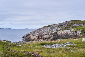 Wild but beautiful coast of Norwegian sea on the island Otroya in Norway close to city Midsund. Nice place with clean scandinavian nature without people, picture is taken in cloudy summer afternoon.