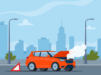 Car breakdown on the road emitting smoke with the hood open and warning sign behind. City on background. Vector illustration.