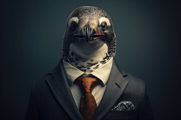 Penguin donning a sleek business suit with a fashionable fish-patterned tie, striking a pose that combines sophistication and aquatic elegance in a stylish anthropomorphic portrait.