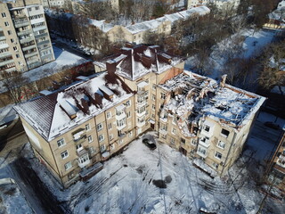 A drone view of a house destroyed by a Russian kamikaze drone in the city of Sumy, Ukraine. The...