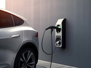Fototapeta na wymiar charging EV car electric vehicle clean energy for driving future, eco-friendly alternative energy concept, futuristic hybrid vehicle charge battery electric on station, ai generated photo