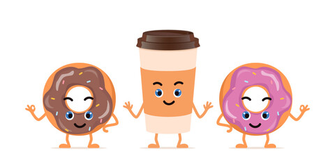 Donuts and coffee, cute happy characters for menu, banner. Breakfast, food, bakery concept. Vector illustration.