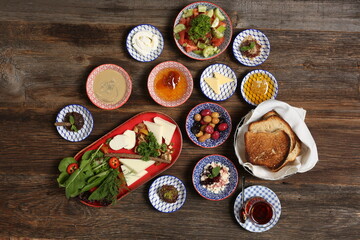 Breakfast with toast, tea and orange juice