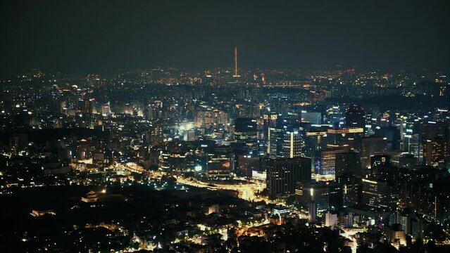 Mountain top night view of urban city skyline of Seoul in South Korea, Asia.