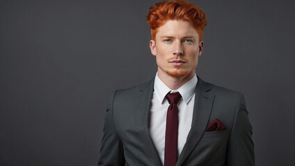 Redheaded businessman with a serious expression, wearing a dark gray suit and tie, sophisticated, against a gray background