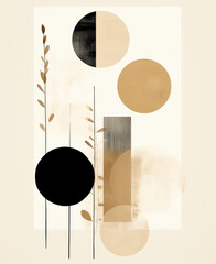 Minimalistic Japanese illustration, various abstract forms in boho style, plant leaves. Drawing using light neutral colors. On white background. Copy space.