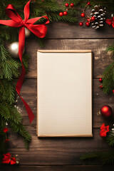 Fototapeta na wymiar Christmas notes and a red ribbon on a wooden background with holly