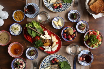Breakfast with toast, tea and orange juice