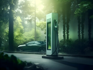 charging EV car electric vehicle clean energy for driving future, eco-friendly alternative energy concept, futuristic hybrid vehicle charge battery electric on station, ai generated photo