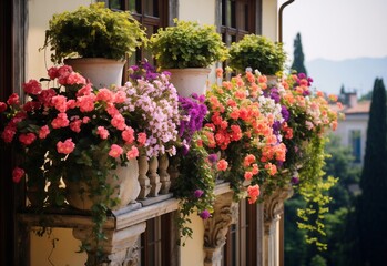 Fototapeta na wymiar Beautiful and colorful flowers in a pot on balcony. Modern exterior design concept of flowers and leaves pot on balcony.