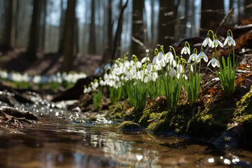 Obraz na płótnie Canvas The first spring flowers began to appear in the forest, snowdrops on the lawns along the thawed snow.