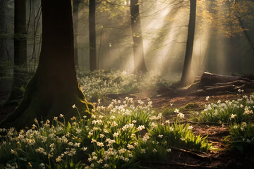 Spring forest with the first rays of sun, the appearance of lilies of the valley on green lawns in the forest.
