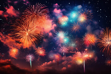 Fototapeta premium Festive fireworks, fireworks over the city, New Year or Christmas celebration. Sounds of bright lights in the sky.