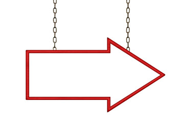 Blank red shooter sign hanging on iron chains. Arrow sign. Signboard isolated on white
