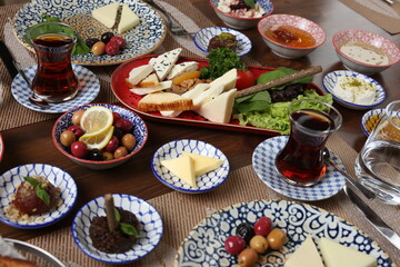Breakfast with toast, tea and orange juice