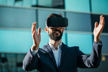Businessman using virtual reality glasses outside office building - Powered by Adobe