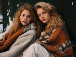 Portrait of 2 friends sitting outside in the winter with warm blankets,professional photography