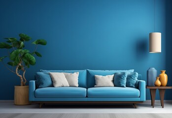 Blue sofa with white and blue throw pillows against blue plain wall with copy space. Minimalist home interior design of modern living room.