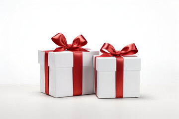 White gifts with red ribbons on white background. Generated AI