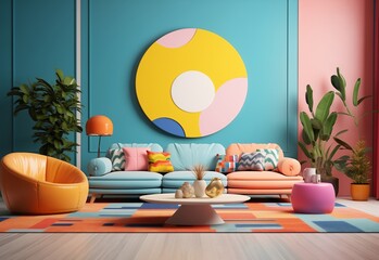 Blue and peach color sofa and round coffee table over a colorful rug. Colorful molding wall with...