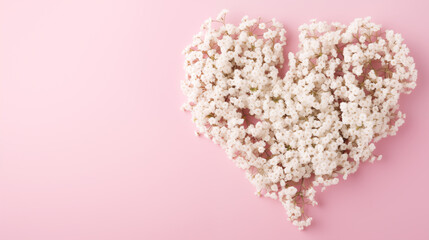 An array of baby’s breath flowers forming a heart shape, Valentine’s Day, delicate flowers, top view, with copy space