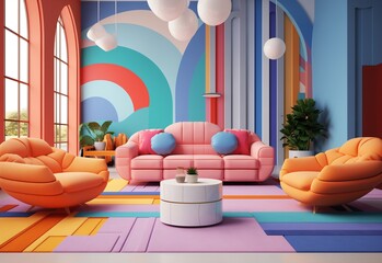 Pink sofa with orange armchair sofa over a colorful floor. Colorful pop art wall of mid-century...