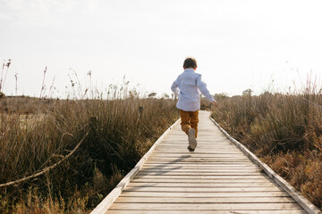 Back view of little boy running on boardwalk - obrazy, fototapety, plakaty