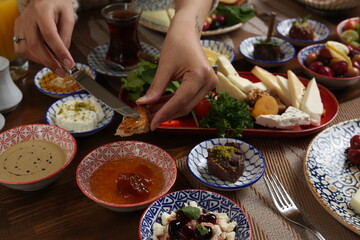 Breakfast with toast, tea and orange juice