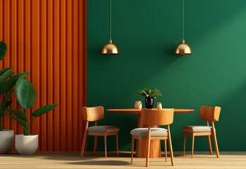 Wooden chairs with round table against a dark green wall. 3D Render concept of modern room with plants and lamps.