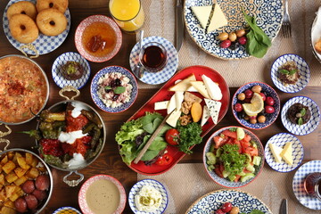 Breakfast with toast, tea and orange juice