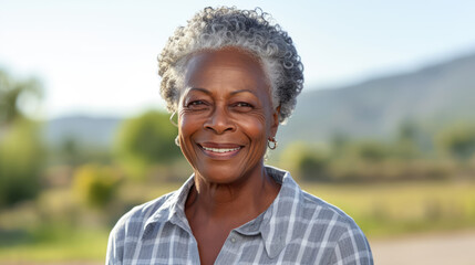 This close-up studio photo features a senior African American woman with grey hair, isolated on a white background, highlighting her elegance and character.