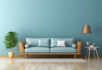 Fototapeta na wymiar Blue top-grained leather sofa with wooden frame against a light blue plain wall. A hanging lamp, small table, and plant in a pot near. Minimalist home interior design of living room.