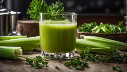Fresh celery juice in a glass, against the kitchen - obrazy, fototapety, plakaty