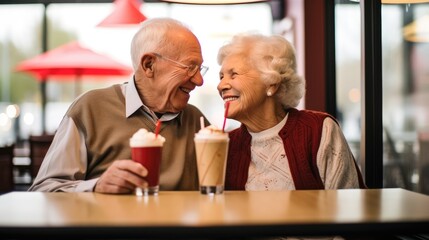 Fototapeta premium Affectionate elderly couple sharing milkshakes with two straws in a diner, celebrating their enduring love on Valentine's Day.