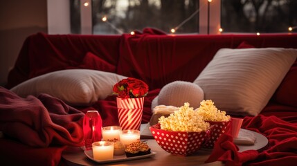 Fototapeta na wymiar A cozy Valentine's Day setup with red roses, candles, popcorn, and a warm blanket on a couch, creating an intimate atmosphere for a romantic evening indoors.