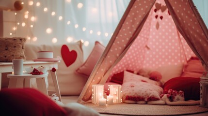 A cozy indoor Valentine's Day setting with a playful teepee adorned with heart-shaped patterns and string lights. A romantic scene is set with lit candles, plush cushions, and a tray with chocolates a