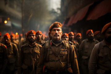 Indian army soldiers march along the city street - obrazy, fototapety, plakaty